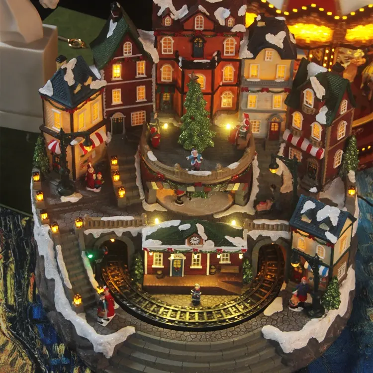 Estación de tren de resina con luces LED para decoración navideña, casa de pueblo con Árbol de Navidad giratorio
