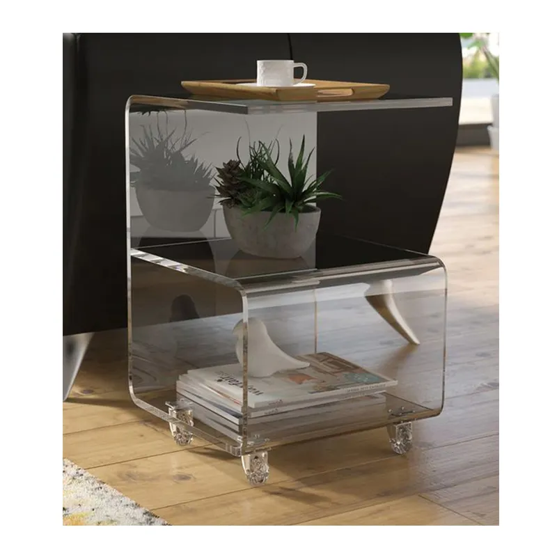 Mesa auxiliar de acrílico transparente en forma de G con ruedas, almacenamiento Lucite, mesa de centro G con ruedas, sofá transparente, mesa auxiliar para aperitivos con rodillos