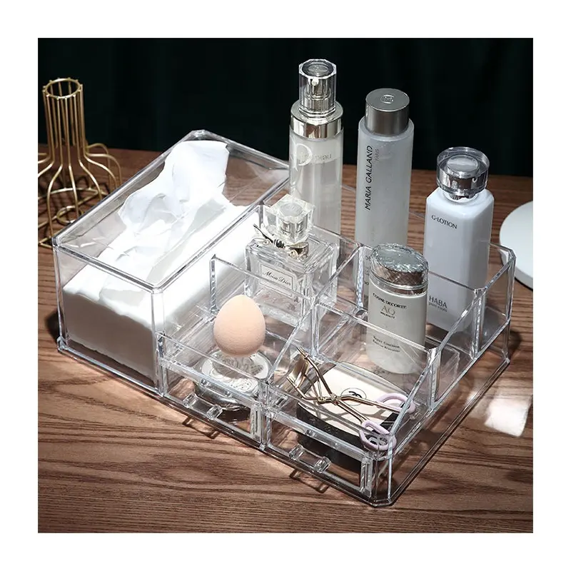 Transparent larger makeup cosmetic e brushes lipstick storage tray with tissue box plastic desktop makeup storage organizer bin