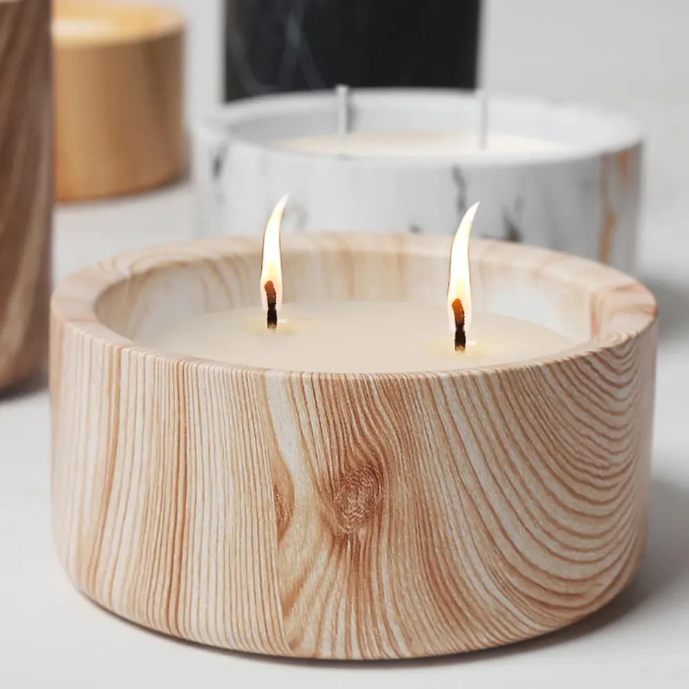 Individuelles Design Verpackung nordisches Holzmaserung 2 Docht duftende Kerze Herstellung Keramik leeres Glas mit mehreren Größen