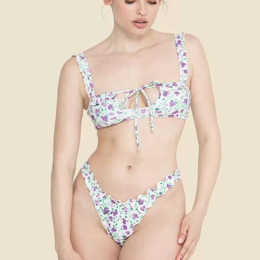 Factory Wholesale New Arrive Sexy Teen Girl Two Piece Bikini Set Beach wear Bandeau Front Tie Swimsuit Women Ruffle Swimwear