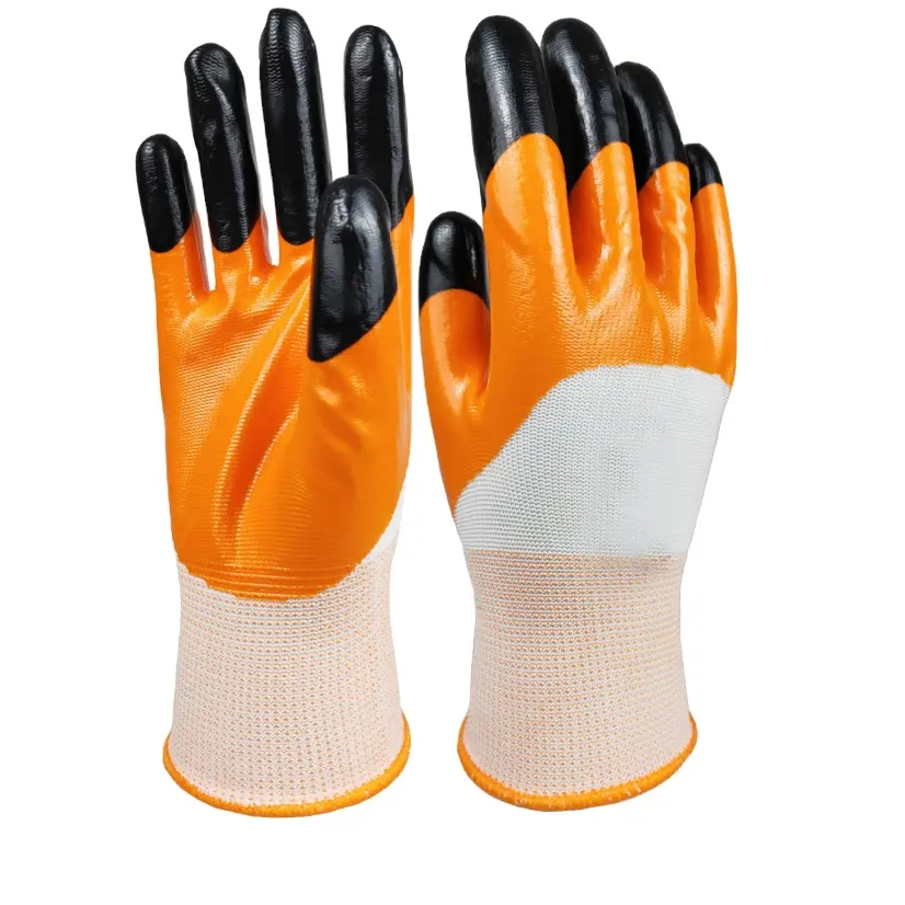 PPE ไนไตรล์เคลือบจุ่มจับบนฝ่ามือและนิ้วมือทนทานป้องกันถุงมือ