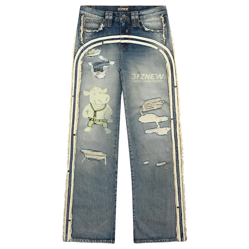 DiZNEW 2022 Personalizado Solto Lavado Impressão Digital Reta Calças Jeans Homens Calças
