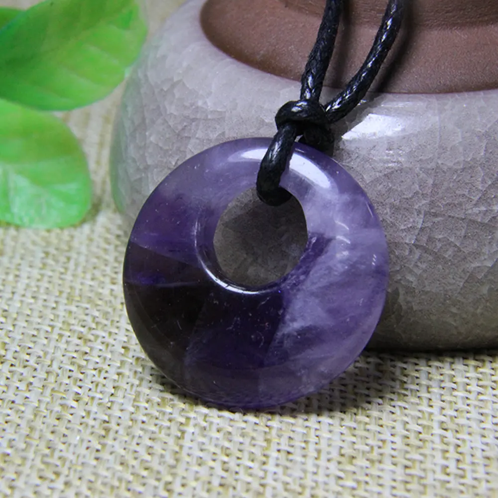 PATIRLEY Lucky Donut Necklace Black Rope Natural Amethyst Stone Fashion Jewelry for Men and Women
