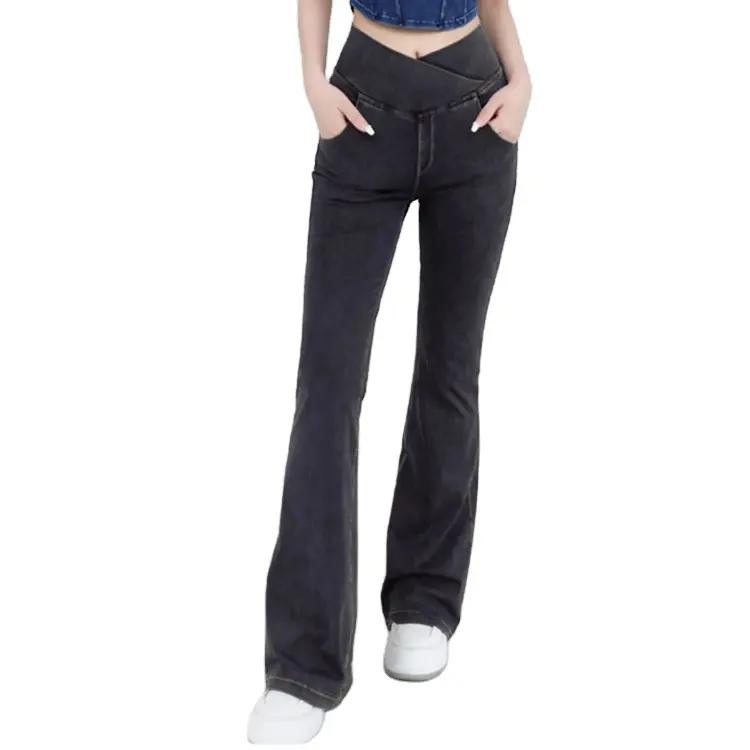 Pantaloni da donna in Denim Jeans Bootcut con tasche Crossover con controllo a forma di pancia alta a colori Channel 4