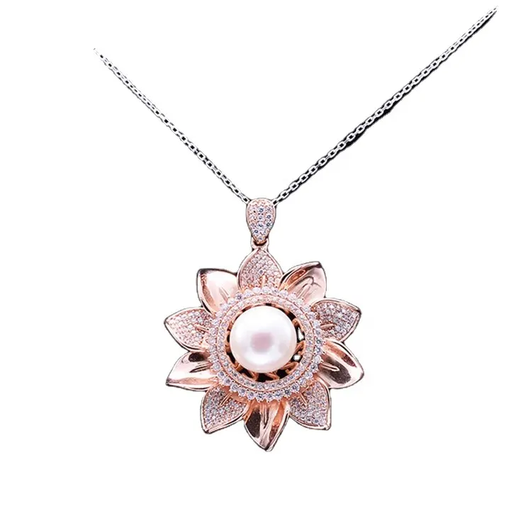 High quality rare design rose gold plated big flower pendant inlaid pearl jewelry