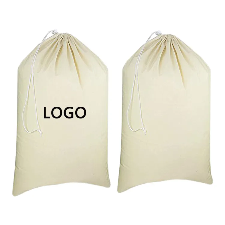 カスタム特大ポータブルナチュラルエココットンキャンバスクロスファブリックホテル巾着大きなランドリーバッグ