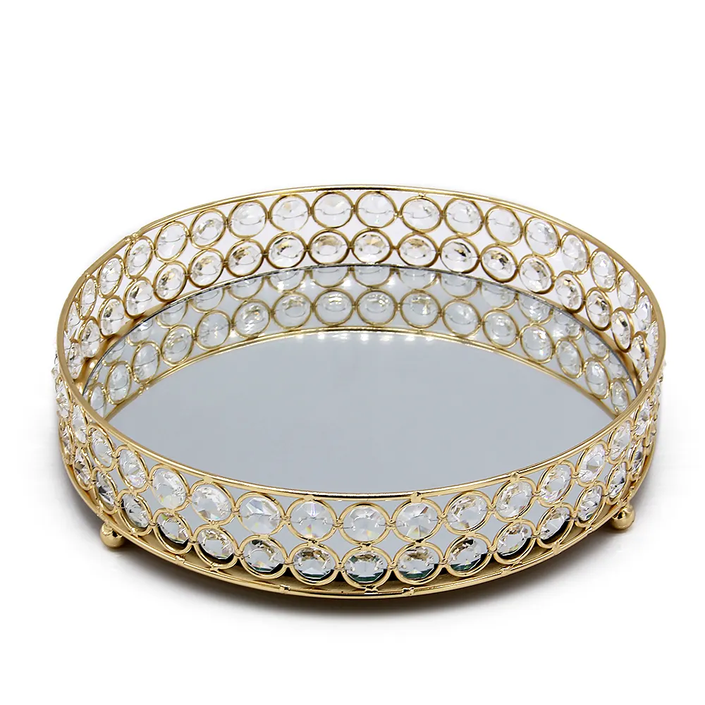 Hotel Room Toiletries Luxury Round Metal Glass Mirror Makeup Jewelry Display Tray Dressers- Round Decorative Serving Tray