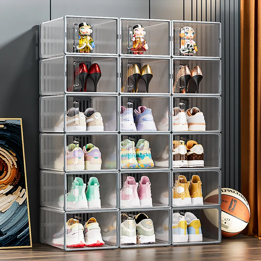 Empilhável Organizador De Armazenamento De Plástico Dobrável Caixas Bins Atacado Personalizado Organizador de zapatos Sneaker Display Clear Shoe Box