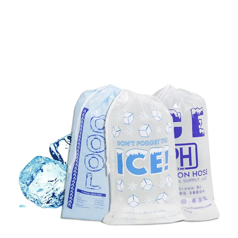 Sac de glace en plastique blanc transparent jetable personnalisé avec cordon de serrage