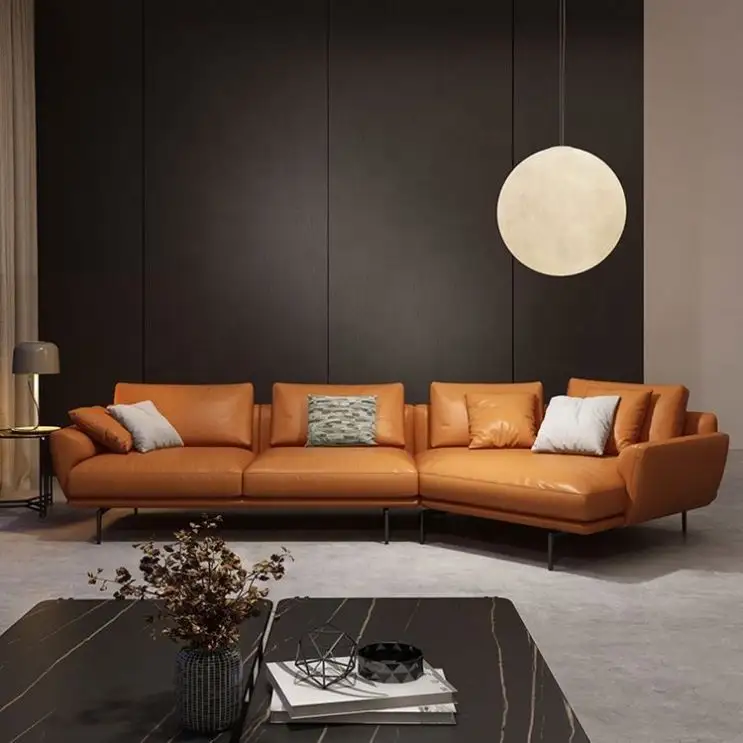 Leder L-Form Eckstuhl Lounge Sofa Orange Himmel Loft Mitte des Jahrhunderts moderne Heimmöbel Echtleder-Set Stahlquellen