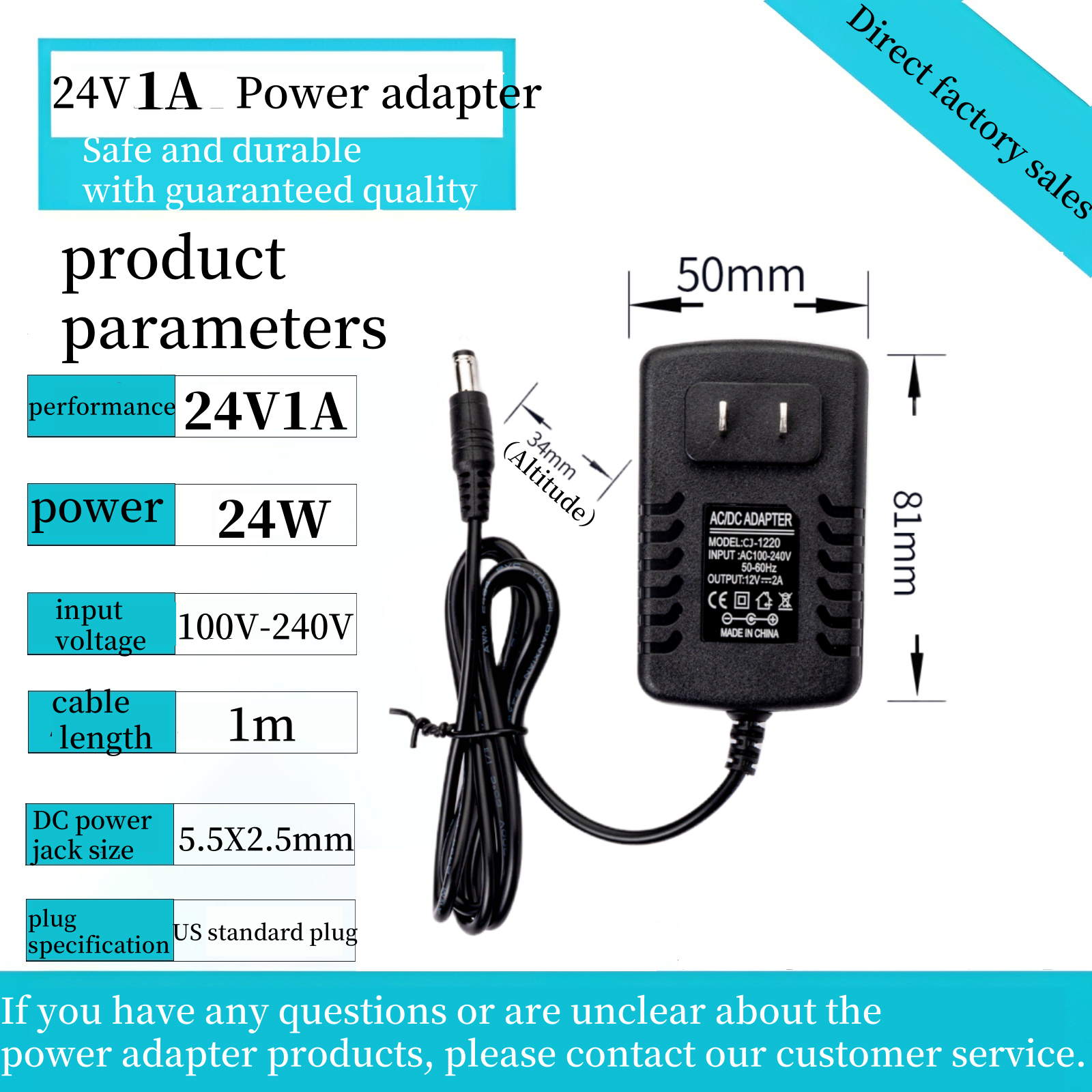 Le câble DC5.5X2.5mm de 24V1A 1m branchent
