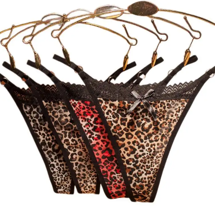 Tanga fio dental transparente, dama-calcinha de seda com estampa de leopardo, sem costura