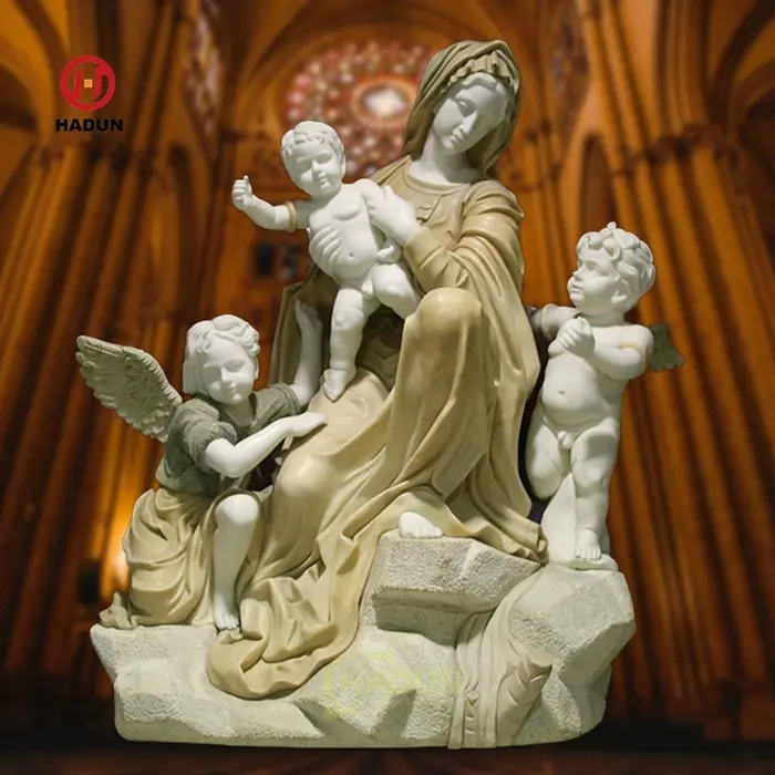 Escultura de mármol de religión de tamaño real, estatua blanca de Nuestra Señora del Carmelo, decoración