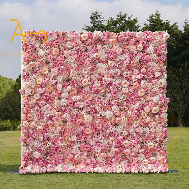 하이 퀄리티 인공 진짜 웨딩 장식 꽃 벽 롤 다시 핑크 컬러 인공 패브릭 꽃 벽 배경