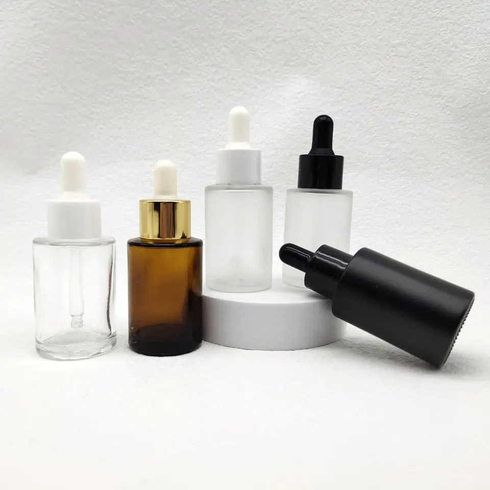 Flacon compte-gouttes en verre à épaule plate de 30ml/flacons en verre pour soins de la peau/récipients d'emballage pour cosmétiques