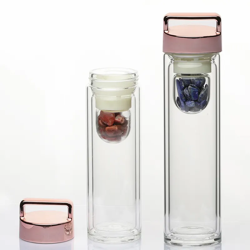 2024 nuevo lanzamiento Navidad personalizado energía curativa duradera cristal amatista cuarzo rosa doble pared botella de agua de vidrio de borosilicato con asa