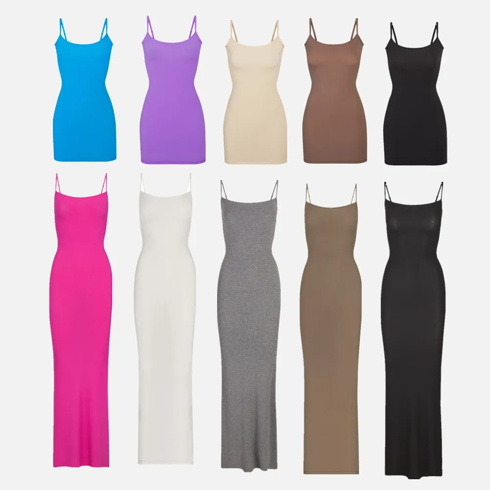 Personalizado de las mujeres básicas ajustables correa de espagueti Cami debajo del mini vestido del tanque vestido sin espalda ceñido al cuerpo Full Slip Cami vestido