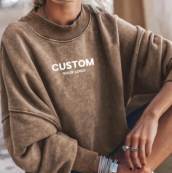 Sudadera informal de algodón de gran tamaño para mujer, sudadera con cuello redondo pesado, Jersey bordado con logotipo personalizado, sudadera Polerones, cuello redondo para mujer