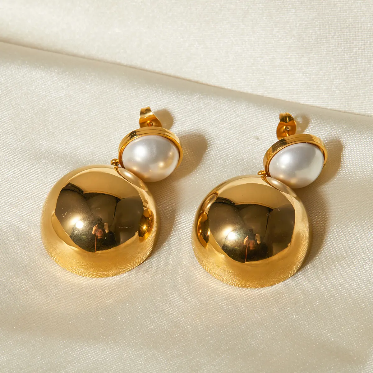 Hypoallergenic Jewelry Detachable Pearl Double Ball Bead Earring Stainless Steel Gold Ball Drop Earrings for Women