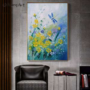 手描きモダン抽象的なオイルキャンバス日の出海風景黄色の花壁装飾写真手作りプリント