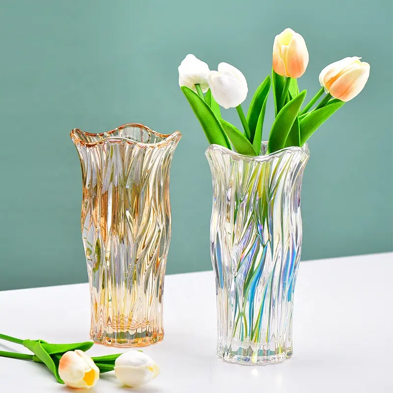 Decorazione della tavola di nozze del vaso di fiori di vetro grigio trasparente ambra colorata cilindrica irregolare