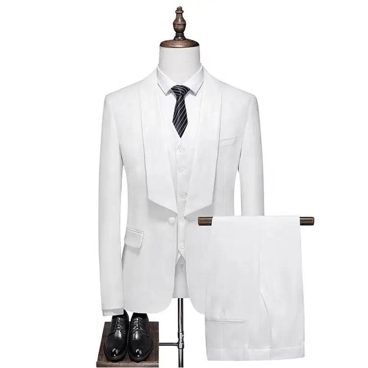 卸売高品質メンズファッションブレザーシングルブレスト3ピースホワイトウェディングスーツ