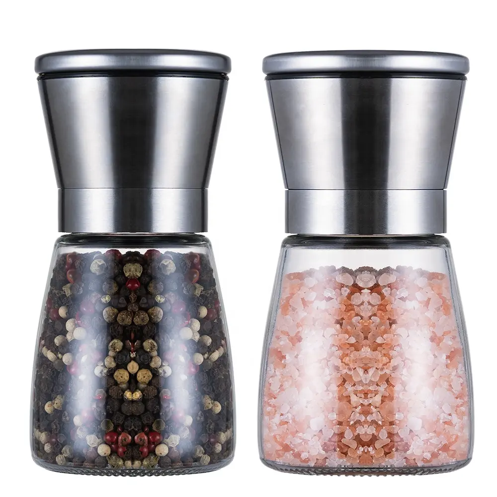 Molinillos de sal manuales de botellas de especias de cristal al por mayor y molinillo de pimienta con tapa de acero inoxidable con grosor de cerámica ajustable