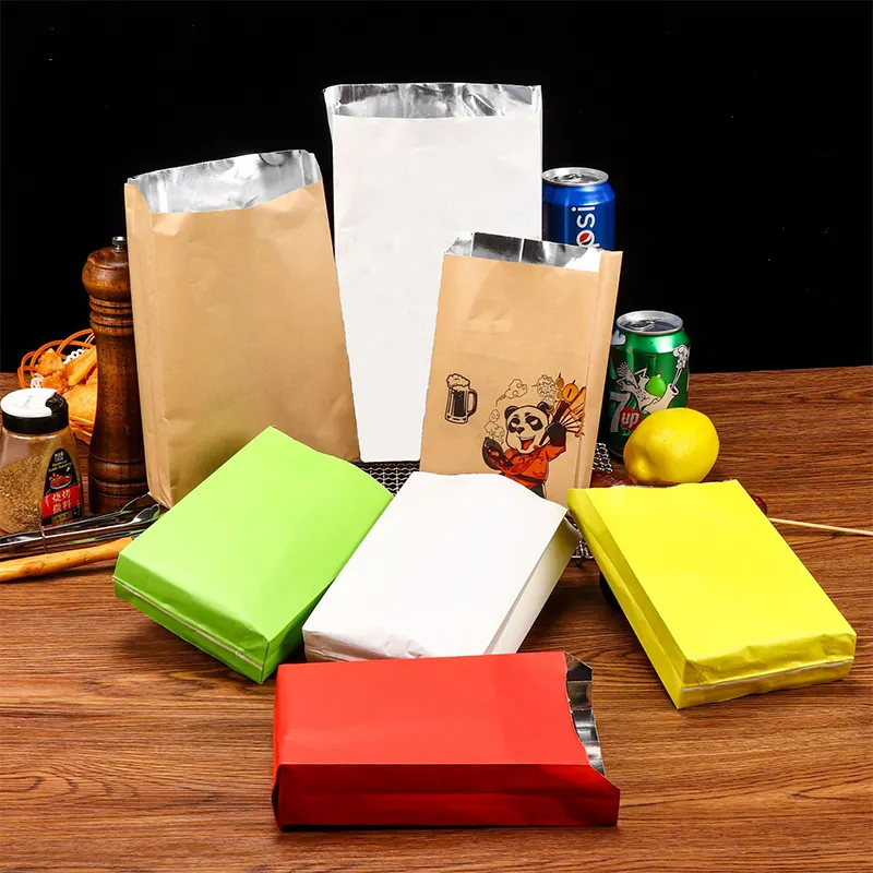 Reusable printed hot fried chicken bread food packaging bag with aluminum foil lined square bottom paper bag