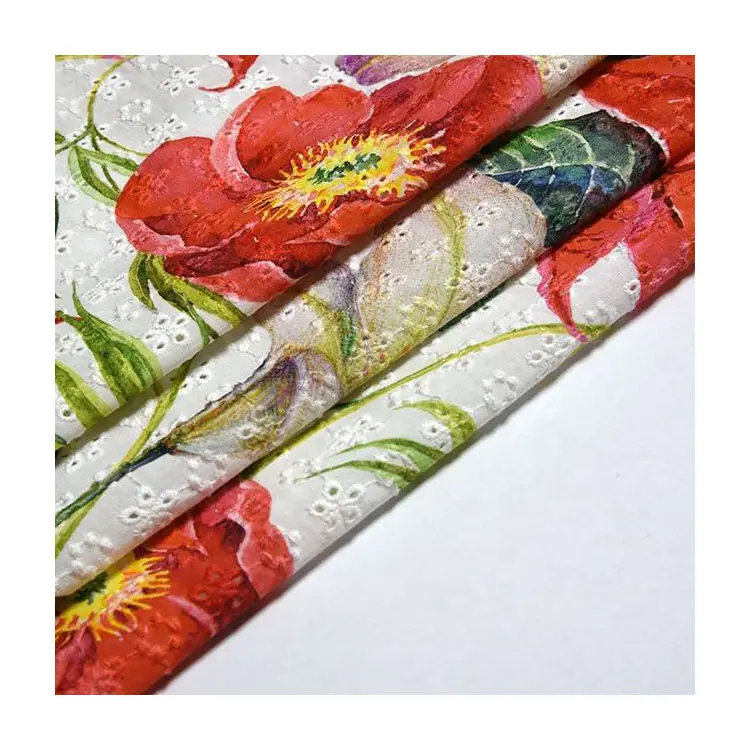 Mejor personalizado grande estampado de flores de algodón bordado de encaje ojal de tela para la ropa