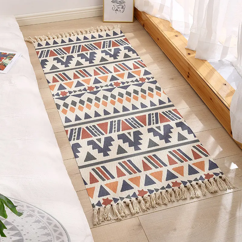 Cotton Area Rug Machine Washable Black and Cream White Hand Woven Cotton Rug with Tassels Cotton Area Rug Runner for Living Room