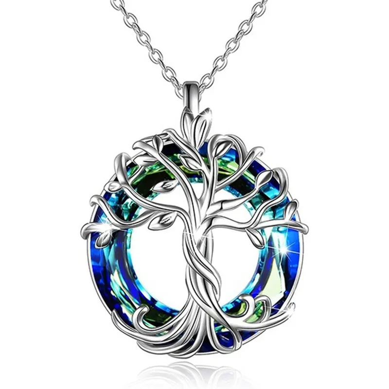 Модное серебряное ожерелье с деревом жизни для женщин, кольцо, многоцветный кристалл, кулон, ожерелье, ювелирные изделия, Женское Ожерелье
