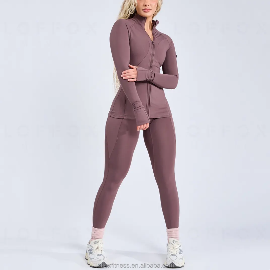 Conjunto de roupas esportivas femininas de manga comprida com zíper para treino e ioga, roupa de ioga slim fit leve com logotipo personalizado