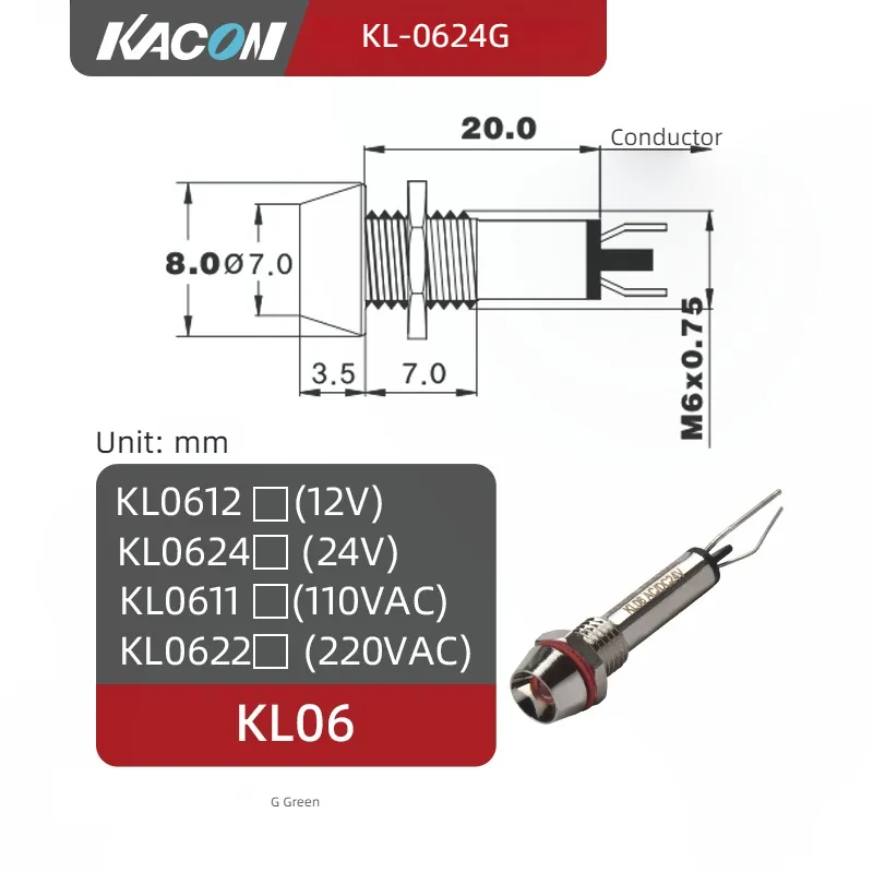 مؤشر معدني بمصابيح LED من KL1224R KACON مقاس 12 مم و16 مم و10 مم و8 مم مسمار مسمار صغير لمصباح كهربائي مقاوم للماء من الستانلس ستيل 12 فولت 24 فولت 110 فولت 220 فولت تيار متردد