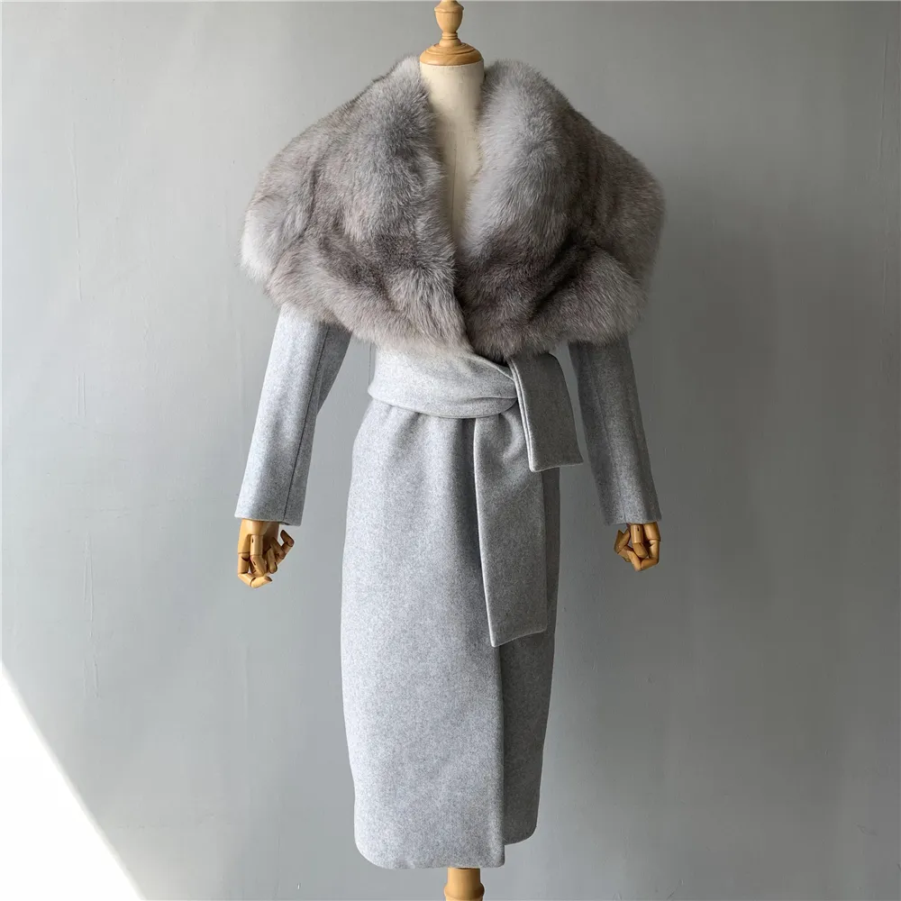 2021 Super grande reale collo di pelliccia di volpe Design signore Slim giacca di lana Outwear cappotti di lana invernale cappotto di Cashmere con pelliccia di volpe