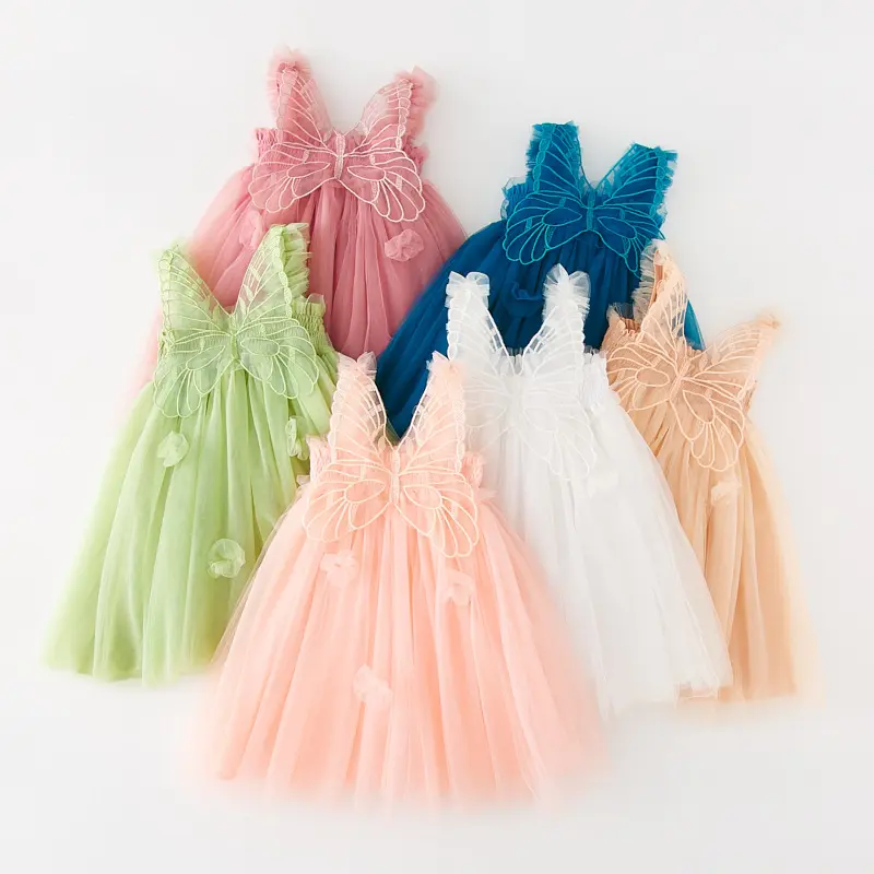 Couleur bonbon enfants gonflé 3D papillon ailes d'ange moelleux maille robe enfants filles jarretelle fête d'anniversaire princesse robes en tulle