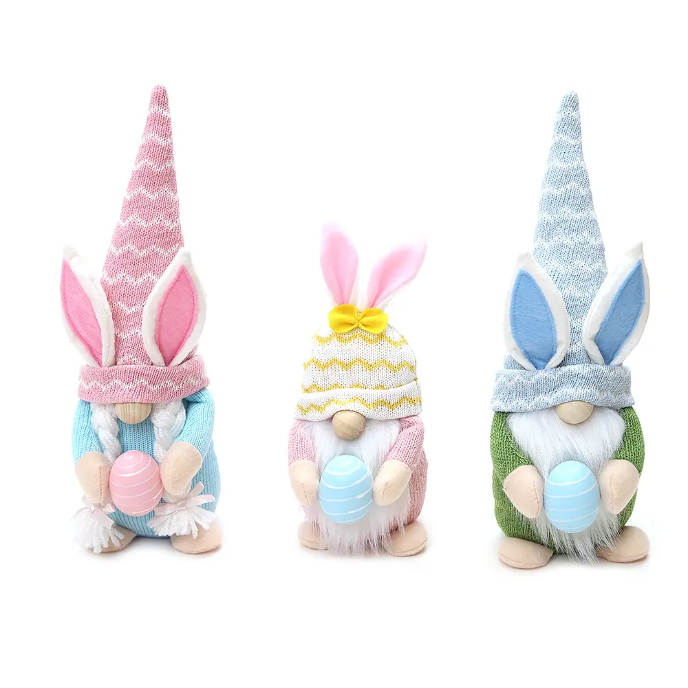 Plush Bunny da Páscoa decoração de boneca anã adereços de tecido de malha segurando ovo floresta coelho boneca atacado