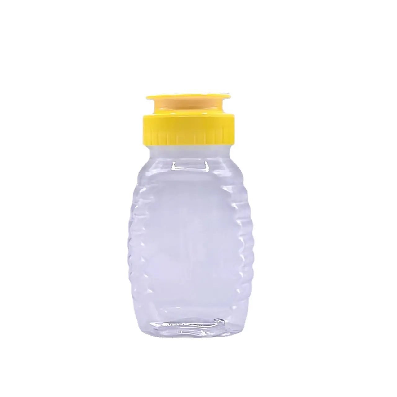 Botella para apretar miel transparente de plástico PET portátil de 108ml al por mayor con tapa abatible para jarabe, mayonesa, salsa de mostaza