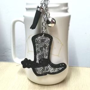 デニムヒョウ柄ブーツラインストーンタッセルキーホルダーキーリングチャームバッグアクセサリーキラキラ輝く靴キーホルダー