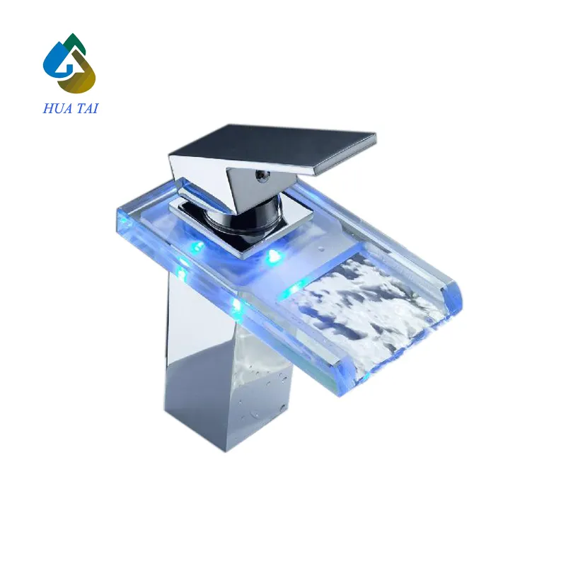 Wholesale Hydraulic Electrogenerating Bathroom Waterfall Glass LED light basin Faucet