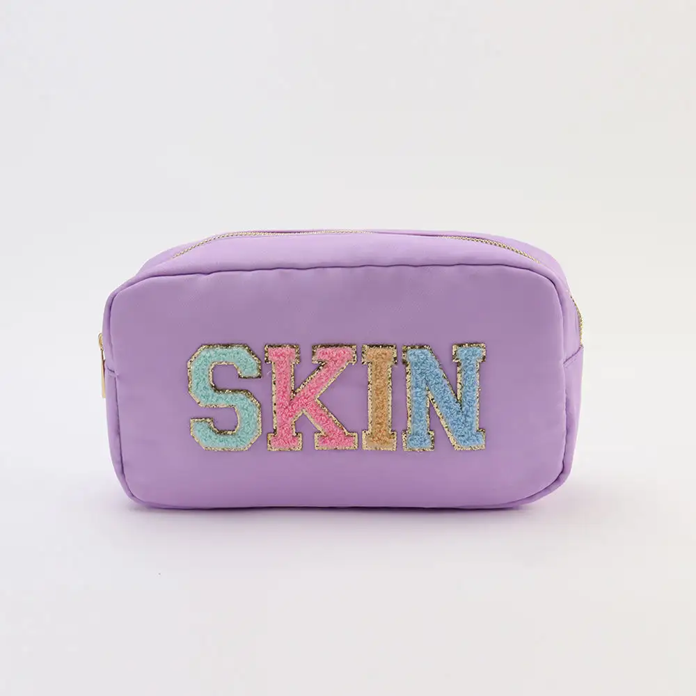 Bolsa de nailon ecológica plegable, bolsa de cosméticos impermeable, bolsa de maquillaje personalizada con parches de letras de chenilla