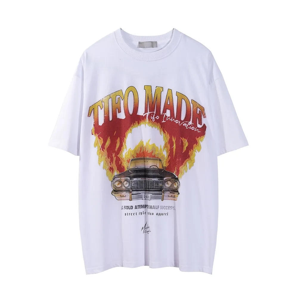 Hot selling Custom Logo flame car print short sleeve men's fashion street trend loose round neck half sleeve T-shirt