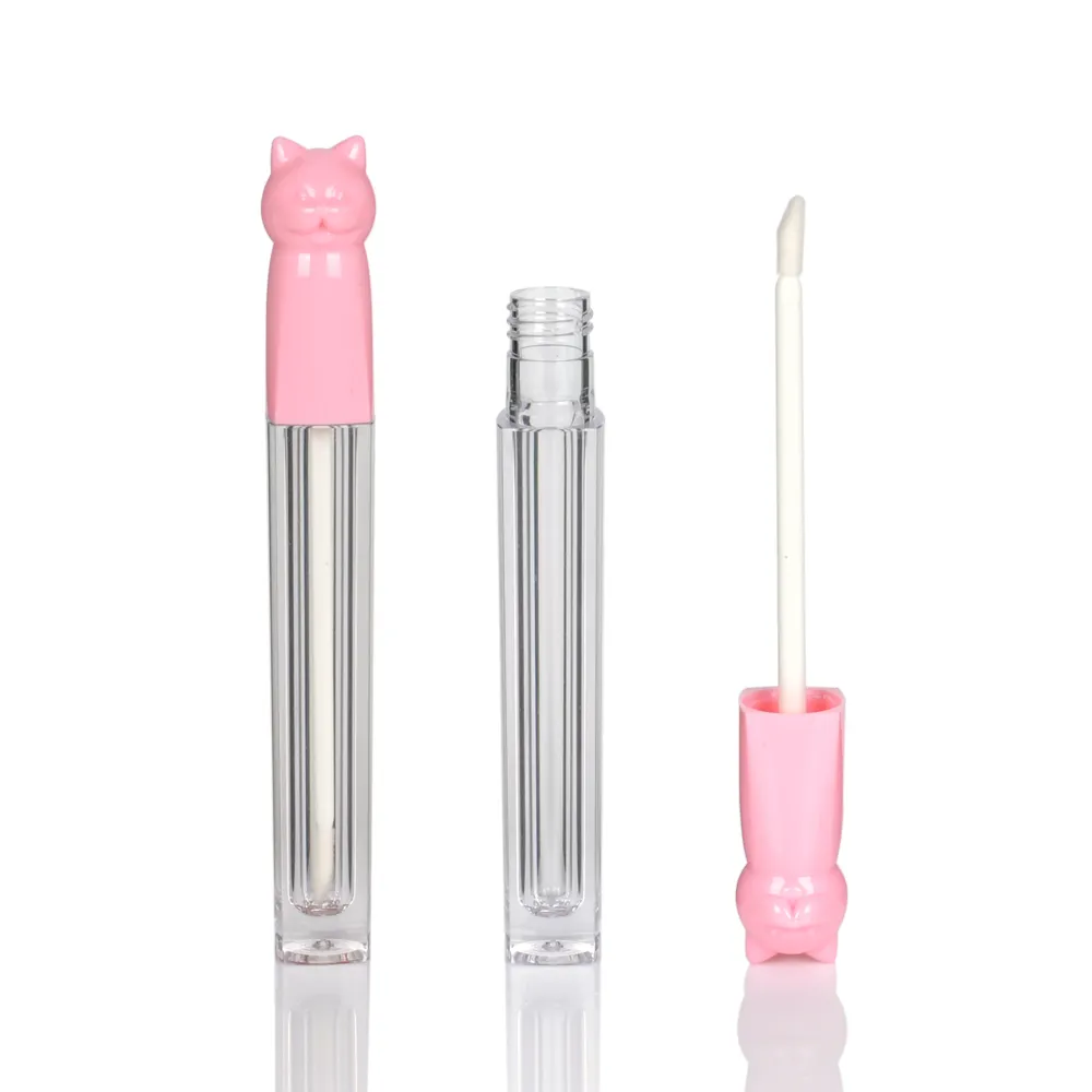 Atacado formato de gato tubo vazio brilho de lábio, rosa bonito tubo recipientes com escova caneta