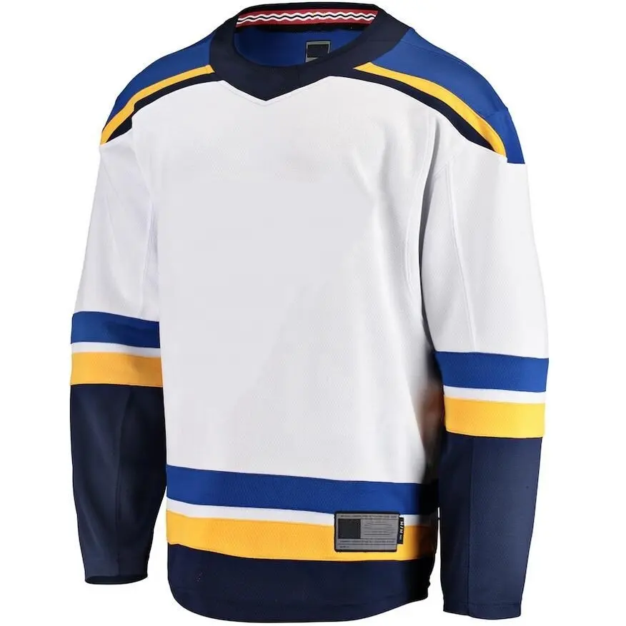 Maillot de hockey sur glace en polyester cousu de haute qualité haut blanc vierge avec étiquette personnalisée fabrication à manches longues