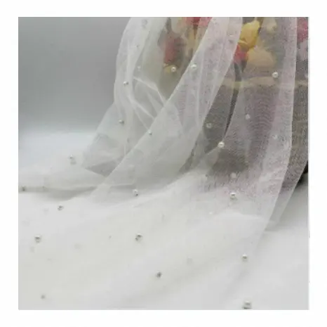 Ricamo 3D lavoro manuale netto trasparente tessuto di pizzo lucido Tulle con tessuto di perle in rilievo per abito da sposa