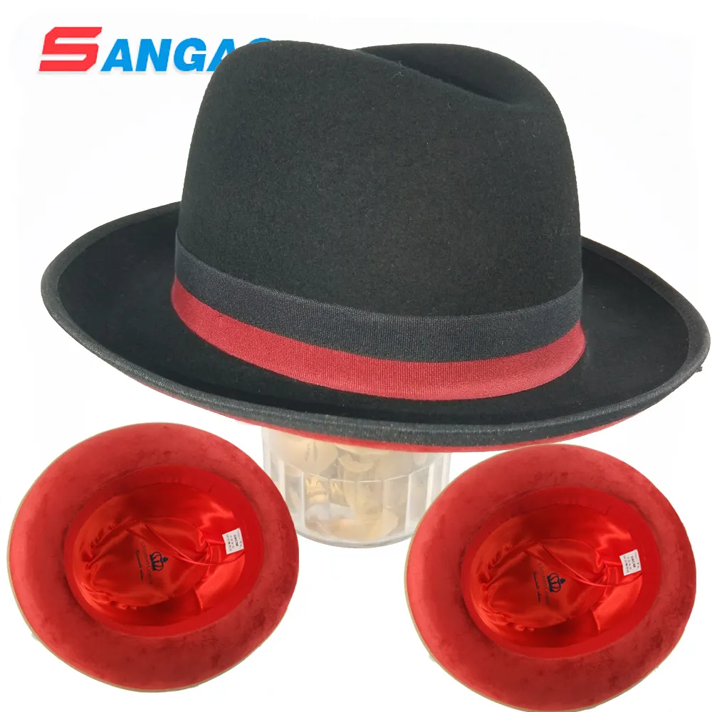 Vente en gros chapeaux de mariage noirs parfaits pour femmes chapeau melon fedora rouge à bord inférieur