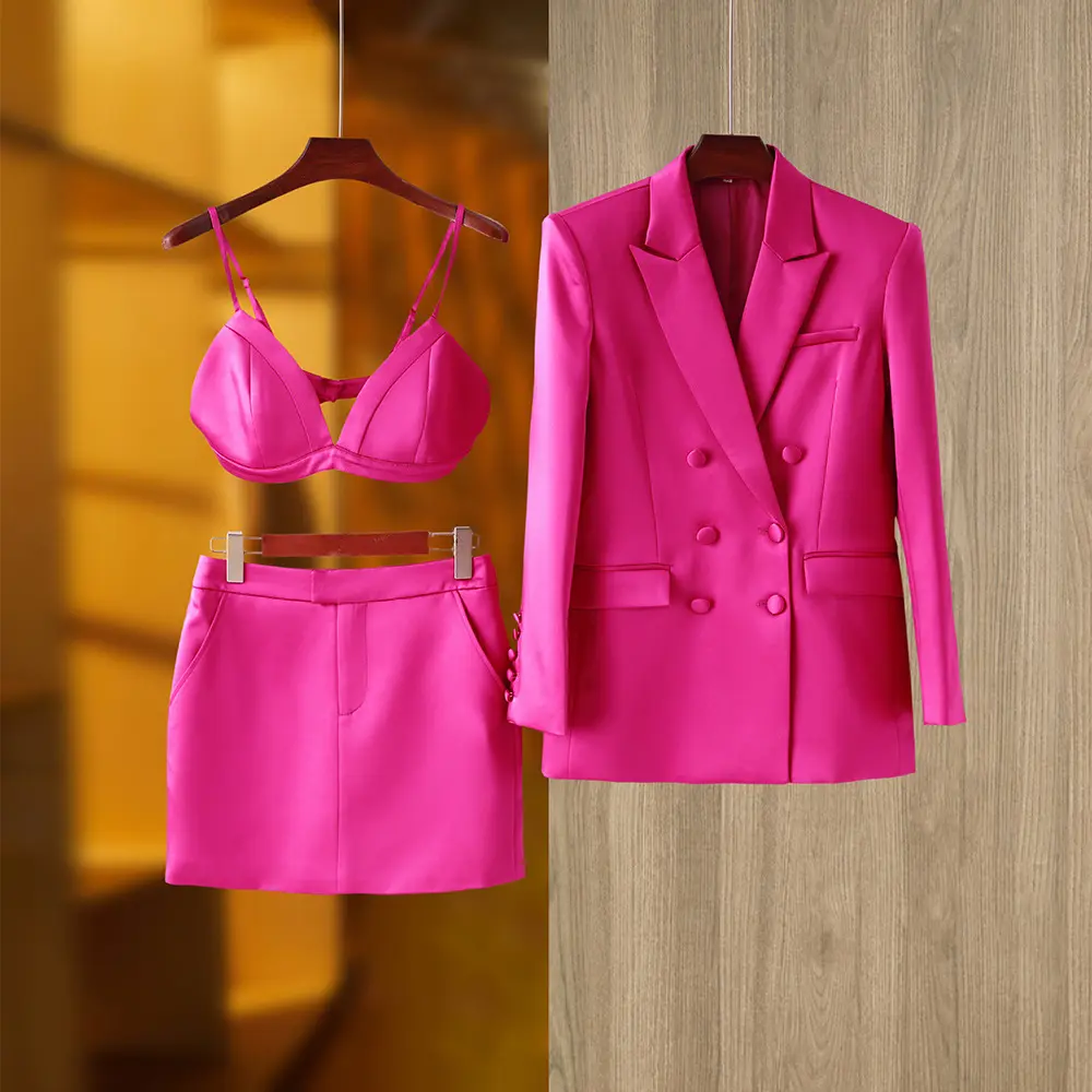 Hot Pink Alta Qualidade Moda Coreano Ladies Blazer e Sutiã Ternos 3 peça Set Formal Feminino Blazers e saia Lápis Para As Mulheres