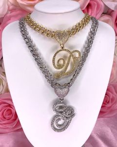 In Stock New Heart Bail 26 Alphabet Cursive Script Initial Letter Necklace With Iced Out Bling Cuban Link <strong>Chain</strong> 18&quot; - Product Image 1