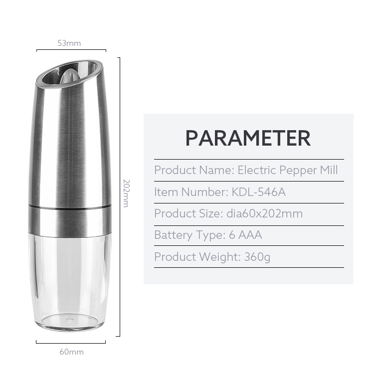 high quality portable customized stainless steel gravity salt grinder  pepper mill with LED light