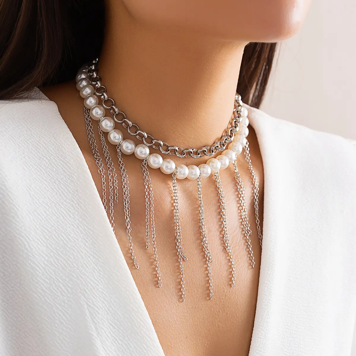 SANKYLIN Stainless steel necklace double pearl fringe light luxury jewelry Vintage Stainless Steel Necklace For Women